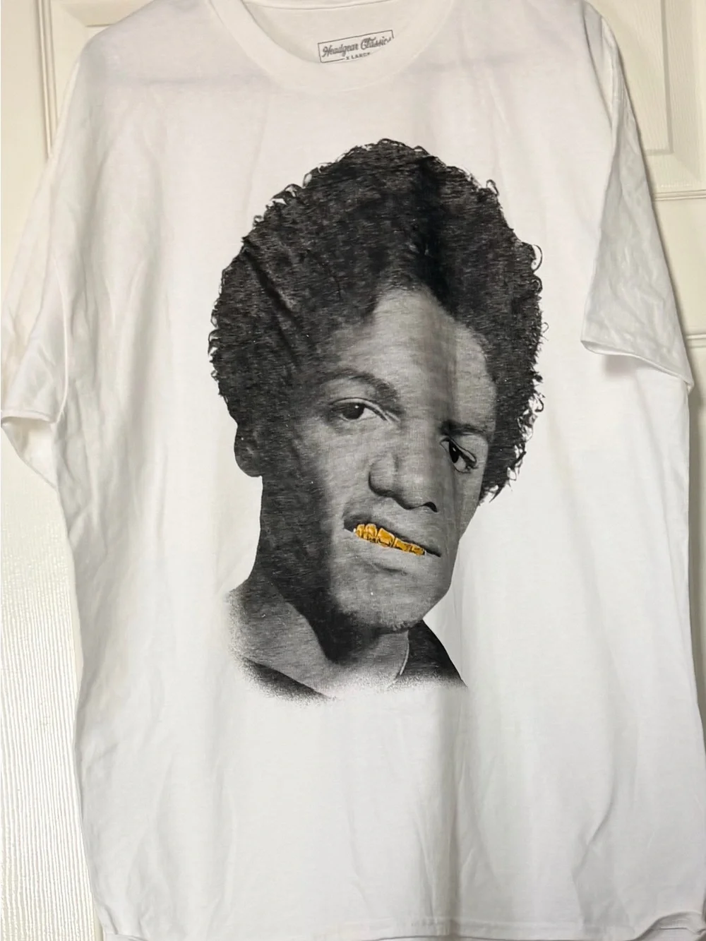 White Graphic Men’s T-Shirt with Portrait and Gold Accent Micheal Jackson